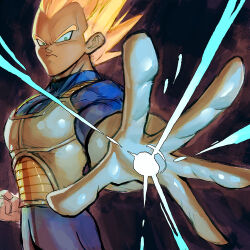 1boy armor blonde_hair blue_bodysuit bodysuit clenched_hand closed_mouth cowboy_shot dragon_ball dragonball_z energy_ball garrett_hanna gloves incoming_attack looking_at_viewer male_focus muscular muscular_male saiyan_armor solo spiked_hair super_saiyan super_saiyan_1 v-shaped_eyebrows vegeta white_gloves widow&#039;s_peak