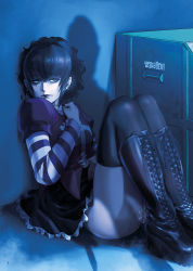 Rule 34 | 1girl, against wall, azasuke, bags under eyes, black footwear, black hair, black lagoon, black skirt, black thighhighs, blue theme, boots, caught, cross, cross-laced footwear, dress, ear piercing, frederica sawyer, full body, goth fashion, gothic, gothic lolita, green eyes, half-closed eyes, imminent rape, indoors, knee boots, knees up, lace-up boots, layered sleeves, legs together, lipstick, lolita fashion, long sleeves, makeup, no panties, pale skin, pee, peeing, peeing self, piercing, platform boots, platform footwear, puffy short sleeves, puffy sleeves, pussy juice, scar, scar on neck, scared, shadow, short dress, short hair, short over long sleeves, short sleeves, sitting, skirt, solo, solo focus, striped sleeves, sweatdrop, thai text, thighhighs, trad goth, translated, wedge heels