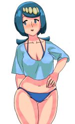 Rule 34 | 1girl, bikini, blue bikini, blue eyes, blue hair, blush, breasts, cleavage, creatures (company), game freak, hand on own hip, highres, lana&#039;s mother (pokemon), mature female, nintendo, pokemon, pokemon (anime), pokemon sm (anime), shirt, smile, solo, swimsuit, t-shirt, thigh gap, thighs