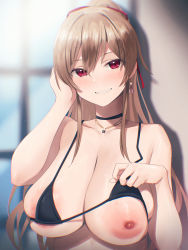 Rule 34 | 1girl, absurdres, areola slip, aumann, bare shoulders, bikini, bikini top lift, black bikini, breasts, brown hair, choker, clothes lift, commentary request, earrings, furen e lustario, grin, hair between eyes, hand on own face, highres, jewelry, large areolae, large breasts, long hair, necklace, nijisanji, nipples, ponytail, red eyes, smile, solo, swimsuit, virtual youtuber, window