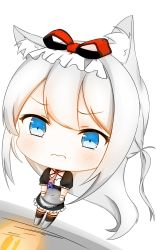 Rule 34 | 1girl, absurdly long hair, absurdres, american flag, american flag print, animal ears, apron, azur lane, big head, black dress, blue eyes, blush, boots, bow, cat ears, chibi, closed mouth, commentary, dress, english commentary, flag print, frilled dress, frills, grey footwear, hair bow, hammann (azur lane), highres, holding, holding tray, knee boots, long hair, looking at viewer, one side up, print neckwear, puffy short sleeves, puffy sleeves, red bow, short sleeves, solo, standing, tears, thighhighs, thighhighs under boots, tray, very long hair, waist apron, wavy mouth, white apron, white background, white hair, wrist cuffs, yuujoduelist