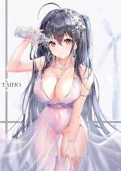 Rule 34 | 1girl, absurdres, age fx, ahoge, azur lane, black hair, bottle, breasts, character name, cleavage, closed mouth, cocktail dress, covered navel, cowboy shot, dress, earrings, flower, garter straps, glint, hair between eyes, hair flower, hair ornament, hand on own thigh, highres, holding, holding bottle, jewelry, large breasts, long hair, looking at viewer, necklace, no panties, official alternate costume, plunging neckline, pouring, pouring onto self, red eyes, see-through, see-through dress, side slit, smile, solo, taihou (azur lane), taihou (temptation on the sea breeze) (azur lane), thighhighs, thighs, very long hair, water bottle, white flower, white garter straps, white thighhighs, wristband