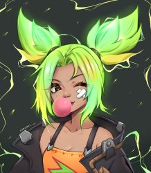 Rule 34 | 1girl, bandaid, bandaid on face, bare shoulders, blowing bubbles, collarbone, electricity, freckles, glowing, glowing hair, green hair, highres, league of legends, looking at viewer, nanumn, one eye closed, short twintails, smile, solo, twintails, zeri (league of legends)