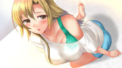 Rule 34 | 1girl, barefoot, blonde hair, feet, highres, miracle hoshi, open mouth, original, solo, yellow eyes