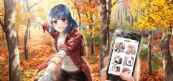 Rule 34 | 1girl, :d, autumn, autumn leaves, blue hair, blush, cellphone, cowboy shot, domestic na kanojo, flannel, looking at viewer, nature, open clothes, open mouth, open shirt, outdoors, pantyhose, phone, plaid, plaid shirt, pointing, pov, pov hands, red eyes, ribbed sweater, sasuga kei, shirt, smartphone, smile, solo focus, stream, sweater, tachibana rui, tree, turtleneck, turtleneck sweater