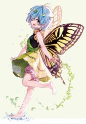 Rule 34 | 1girl, ;d, antennae, aqua hair, barefoot, black dress, bloomers, blush, butterfly wings, dress, eternity larva, green dress, highres, insect wings, leaf, leaf on head, looking at viewer, multicolored clothes, multicolored dress, official art, one eye closed, open mouth, orange eyes, shnva, short hair, short sleeves, smile, solo, splashing, standing, standing on one leg, strange creators of outer world, third-party source, touhou, underwear, water, wings