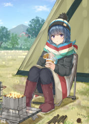Rule 34 | 1girl, :o, beanie, black hat, black jacket, black pants, blanket, blue hair, blue sky, blush, boots, brown footwear, chopsticks, cloud, commentary request, day, down jacket, fire, fringe trim, hat, highres, holding, holding chopsticks, jacket, knees up, long sleeves, miko fly, mountain, nissin cup noodle, outdoors, pants, parted lips, pinecone, purple eyes, scarf, shima rin, sitting, sky, sleeves past wrists, solo, steam, stick, tent, translation request, tree, yurucamp