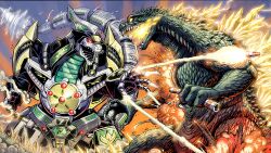 Rule 34 | battle, claws, crossover, destruction, dinosaur, dragon caesar, dragonzord, drill, energy, epic, explosion, fangs, fighting, finger missile, fire, giant, giant monster, glowing, glowing eyes, glowing spikes, godzilla, godzilla (series), highres, horns, kaijuu, kyouryuu sentai zyuranger, machine, matt frank, mecha, mighty morphin power rangers, missile, monster, no humans, non-web source, open mouth, outdoors, power rangers, red eyes, robot, saban entertainment, science fiction, sentai, sharp teeth, single horn, spikes, super sentai, tail, teeth, toei company, toho, weapon