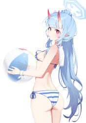 Rule 34 | 1girl, absurdres, ass, back, ball, bare arms, bare shoulders, beachball, bikini, blue archive, blue bikini, blue hair, blue halo, blush, breasts, chise (blue archive), chise (swimsuit) (blue archive), from behind, hair ornament, halo, highres, holding, holding ball, horns, long hair, looking at viewer, looking back, loose bikini, official alternate costume, red eyes, red horns, sailor bikini, sailor collar, side-tie bikini bottom, side ponytail, simple background, small breasts, solo, standing, string bikini, striped bikini, striped clothes, swimsuit, two-tone bikini, very long hair, white background, white sailor collar, yzr (yzr99)