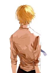 Rule 34 | 1other, androgynous, blonde hair, crystal earrings, earrings, from behind, highres, hunter x hunter, jewelry, kurapika, mistu123409, shirt, short hair, simple background, sleeves rolled up, solo, upper body, white background, white shirt