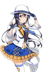 Rule 34 | 1girl, ;o, artist request, blue eyes, blue gloves, blue hair, blue necktie, blush, bow, bracelet, brown eyes, checkered clothes, checkered skirt, earrings, fingerless gloves, frills, gloves, hair between eyes, hat, jacket, jewelry, long hair, looking at viewer, love live!, love live! school idol festival, love live! school idol festival after school activity, love live! school idol project, necktie, official art, one eye closed, open mouth, skirt, solo, sonoda umi, striped necktie, striped neckwear, thighhighs, transparent background, vest, white thighhighs