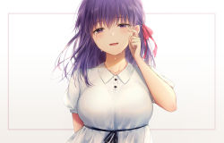 Rule 34 | 1girl, blush, dress, fate/stay night, fate (series), hair ribbon, heaven&#039;s feel, looking at viewer, matou sakura, official alternate costume, puffy short sleeves, puffy sleeves, purple eyes, purple hair, red ribbon, ribbon, shiobana, short hair, short sleeves, solo, tears, white dress
