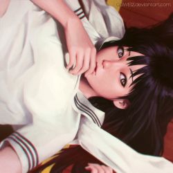 Rule 34 | 1girl, black hair, commentary, deviantart username, guweiz, hair between eyes, hand on own chin, long hair, looking at viewer, lying, on back, original, shirt, solo, striped clothes, striped shirt