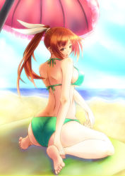 absurdres ass bad_feet barefoot beach bikini brown_eyes brown_hair day feet green_bikini highres kneeling long_hair looking_back ponytail ryo_(sora-ryu) solo swimsuit umbrella