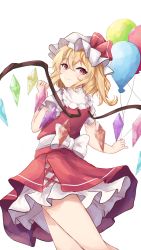 Rule 34 | 1girl, absurdres, back bow, balloon, blonde hair, bow, closed mouth, crystal, feet out of frame, flandre day, flandre scarlet, hair between eyes, hat, highres, looking at viewer, looking back, mob cap, multicolored wings, one side up, orchid (orukido), petticoat, puffy short sleeves, puffy sleeves, red eyes, red skirt, red vest, ribbon, shirt, short sleeves, simple background, skirt, smile, solo, standing, thighs, touhou, vest, white background, white bow, white hat, white shirt, wings