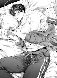 Rule 34 | 1boy, absurdres, bara, bed, blush, bottle, charging device, closed eyes, electrical outlet, greyscale, highres, holding, holding phone, jacket, large pectorals, lying, male focus, monochrome, muscular, muscular male, off shoulder, on bed, on side, open clothes, open jacket, open mouth, original, pants, pectorals, phone, pillow, short hair, sleeping, sny yrd67, solo, tank top