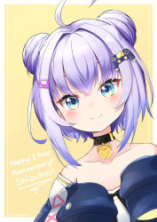 Rule 34 | 1girl, ahoge, anniversary, bare shoulders, black collar, blue eyes, blue jacket, blush, brown background, character name, closed mouth, collar, collarbone, commentary, double bun, hair between eyes, hair bun, hair intakes, hair ornament, hairclip, highres, indie virtual youtuber, jacket, long sleeves, looking at viewer, off-shoulder shirt, off shoulder, purple hair, shirt, shizukou, sleeves past fingers, sleeves past wrists, smile, solo, sylphine, twitter username, two-tone background, upper body, virtual youtuber, white background, white shirt