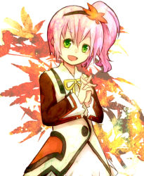 Rule 34 | 1girl, alfa system, coat, green eyes, hairband, kanonno grassvalley, leaf, long hair, open mouth, pink hair, ribbon, skirt, tales of (series), tales of the world radiant mythology 3