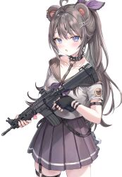 Rule 34 | 1girl, absurdres, animal ears, aru (momoko), bear ears, black gloves, blue eyes, bracelet, breasts, brown hair, collarbone, collared shirt, fingerless gloves, gloves, gun, hair ornament, high ponytail, highres, holding, holding weapon, jewelry, letter hair ornament, long hair, looking at viewer, medium breasts, momoko (momopoco), open mouth, original, pleated skirt, ponytail, sailor collar, scan, school uniform, shirt, simple background, skirt, solo, spiked bracelet, spikes, thigh strap, weapon, white background