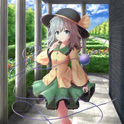 Rule 34 | 1girl, black hat, blue eyes, blue sky, blush, bow, bush, closed mouth, cloud, day, finger to mouth, floral print, flower, frilled shirt collar, frilled skirt, frilled sleeves, frills, garden, green hair, green skirt, hat, hat ribbon, heart, heart of string, highres, index finger raised, komeiji koishi, long sleeves, looking at viewer, medium hair, nakit, ribbon, rose, shirt, skirt, sky, smile, solo, standing, third eye, touhou, tree, wide sleeves, yellow ribbon, yellow shirt