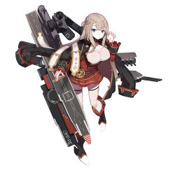 Rule 34 | 1girl, belt, blue eyes, boots, breasts, brown hair, cannon, cleavage, flight deck, full body, graphite (medium), impero (warship girls r), jacket, large breasts, long hair, military jacket, official art, paw pose, rain lan, solo, thighhighs, traditional media, warship girls r, white background