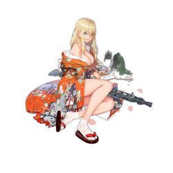 Rule 34 | 1girl, bare shoulders, belt, blonde hair, blue eyes, breasts, cleavage, collarbone, damaged, dinergate (girls&#039; frontline), eyes visible through hair, full body, general-purpose machine gun, girls&#039; frontline, gun, hair between eyes, holding, holding belt, japanese clothes, kimono, large breasts, legs, long hair, looking at viewer, machine gun, mg3, mg3 (girls&#039; frontline), mg3 (new year lion dance) (girls&#039; frontline), off shoulder, official alternate costume, official art, open mouth, sidelocks, sitting, socks, solo, torn clothes, torn kimono, touko (kira2yue), transparent background, weapon, white socks, yellow belt