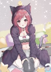 Rule 34 | 1girl, :o, animal, animal ears, animal hood, animal on head, azur lane, bird, black hoodie, blurry, blurry background, blush, breasts, cat ears, cat tail, chick, choker, cleavage, commentary, crescent, crop top, crop top overhang, fake animal ears, full body, grey choker, grey shorts, groin, highres, hood, hood up, hoodie, i-19 (azur lane), i-19 (pillowy paradise) (azur lane), large breasts, long hair, long sleeves, looking at viewer, loungewear, lux (dera ix), manjuu (azur lane), midriff, navel, on head, open mouth, pillow, red eyes, red hair, ribbon, seiza, shirt, short shorts, shorts, sidelocks, sitting, sleeves past wrists, solo, sparkle, star (symbol), tail, tail ornament, tail ribbon, thighhighs, torpedo, white shirt, white thighhighs