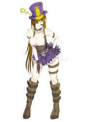 Rule 34 | 1girl, armlet, bare shoulders, black gloves, boots, breasts, brown eyes, brown hair, caitlyn (league of legends), cleavage, contrapposto, corset, detached collar, dress, frills, gloves, hand on own hip, hat, highres, knee boots, kumiko shiba, large breasts, league of legends, leaning forward, long hair, smile, solo, standing, strapless, strapless dress, thigh strap, top hat