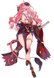 Rule 34 | animal ears, bare shoulders, breasts, cow ears, cow girl, cow horns, cow tail, dress, grin, highres, holding, holding sword, holding weapon, hoozu kiiriya, horns, indie virtual youtuber, japanese clothes, katana, large breasts, official art, pelvic curtain, pink hair, revealing clothes, sheath, shuri (84k), smile, sword, tail, thick thighs, thighhighs, thighs, virtual youtuber, wavy hair, weapon