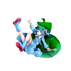 Rule 34 | 1girl, backpack, bag, blue eyes, blue footwear, blue hair, blue shirt, blue skirt, boots, flat cap, full body, game cg, green hat, hair bobbles, hair ornament, hat, highres, holding, holding wrench, index finger raised, kawashiro nitori, key, long sleeves, looking at viewer, pocket, rotte (1109), rubber boots, shirt, short hair, simple background, skirt, solo, third-party source, touhou, touhou lostword, two side up, v-shaped eyebrows, white background, wrench