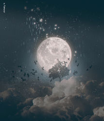 Rule 34 | bird, cloud, commentary, english commentary, flock, full moon, landscape, moon, night, night sky, no humans, original, outdoors, reinforced, scenery, signature, sky, star (sky)