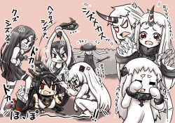 Rule 34 | 10s, 6+girls, abyssal ship, airfield princess, anger vein, battleship princess, black dress, black hair, cigarette, claws, clone, colored skin, crying, crying with eyes open, dress, hitting, horns, i-class destroyer, kantai collection, kicking, long hair, lying, mittens, multiple girls, nagato (kancolle), northern ocean princess, on stomach, open mouth, red eyes, seaport princess, short dress, single horn, skin-covered horns, squatting, streaming tears, tears, toda kazuki, translation request, white dress, white hair, white skin, wo-class aircraft carrier