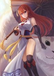 Rule 34 | 1girl, aged up, black gloves, blue eyes, breasts, brown hair, chinese clothes, elbow gloves, fingerless gloves, gintama, gloves, hair ornament, highres, holding, kagura (gintama), ks (xephyrks), long hair, looking at viewer, oil-paper umbrella, sadaharu, solo focus, thighs, umbrella, wind
