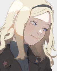 Rule 34 | 1girl, aleksandra i. pokryshkin, blonde hair, blue eyes, brave witches, closed mouth, commentary request, hairband, highres, lips, portrait, red star, shiratama (hockey), simple background, solo, star (symbol), world witches series
