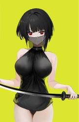 Rule 34 | 1girl, bare shoulders, black hair, breasts, choker, collar, covered mouth, highres, large breasts, leotard, looking at viewer, mask, mole, mole on pussy, mole under eye, mouth mask, mouth veil, omone hokoma agm, red eyes, short hair, solo, sword, thighs, veil, weapon, yellow background