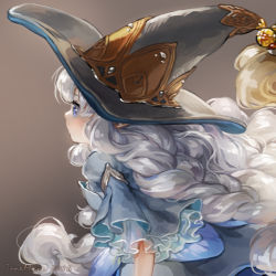 Rule 34 | blue dress, blue eyes, braid, dress, gradient background, hat, jane mere, long hair, solo, white hair, witch hat