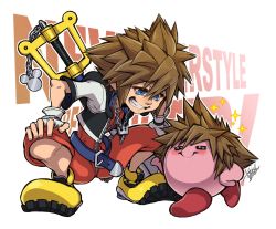 Rule 34 | 1boy, blue eyes, brown hair, fingerless gloves, gloves, hair ornament, highres, isamu-ki (yuuki), jewelry, keyblade, kingdom hearts, kingdom hearts i, kirby, kirby (series), looking at viewer, male focus, necklace, nintendo, open mouth, short hair, simple background, smile, sora (kingdom hearts), spiked hair, super smash bros.