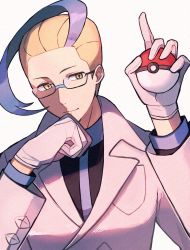 Rule 34 | 1boy, black-framed eyewear, blonde hair, blue hair, closed mouth, coat, colress (pokemon), commentary request, creatures (company), game freak, glasses, gloves, hands up, highres, holding, holding poke ball, kinomi 3030, long sleeves, male focus, multicolored hair, nintendo, poke ball, poke ball (legends), pokemon, pokemon bw2, solo, two-tone hair, upper body, yellow eyes