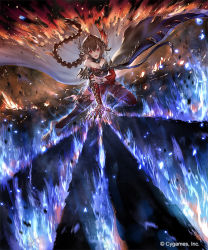 Rule 34 | 1girl, 77gl, asymmetrical clothes, black thighhighs, blue fire, braid, braided ponytail, breasts, brown hair, cape, dragon claw, fire, galmieux omen of disdain, long hair, looking at viewer, medium breasts, on one knee, open mouth, red eyes, shadowverse, single thighhigh, solo, thighhighs