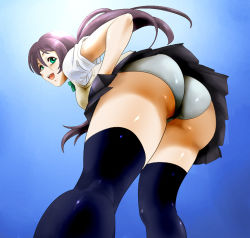 Rule 34 | 10s, 1girl, asada okina, ass, bent over, blush, breasts, from below, green eyes, huge ass, leaning, leaning forward, long hair, looking back, love live!, love live! school idol project, open mouth, panties, purple hair, school uniform, shiny clothes, shiny skin, skirt, smile, solo, thighhighs, tojo nozomi, twintails, underwear, upskirt, very long hair