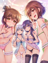 Rule 34 | 4girls, :d, :q, akatsuki (kancolle), alternate costume, babydoll, babydoll lift, bare arms, bare shoulders, black legwear, black panties, blue eyes, blush, bra, breasts, bridal garter, brown hair, cameltoe, choker, cleft of venus, closed mouth, collarbone, commentary request, cupless babydoll, cupless bra, fang, finger to mouth, folded ponytail, frilled bra, frilled panties, frills, gluteal fold, green panties, groin, hair between eyes, hair ornament, hairclip, hibiki (kancolle), highres, ikazuchi (kancolle), inazuma (kancolle), kantai collection, lace, lace-trimmed legwear, lace-trimmed panties, lace trim, leaning forward, lifting own clothes, lingerie, long hair, looking at viewer, multiple girls, navel, nipples, open mouth, panties, pink panties, purple eyes, purple hair, saliva, saliva trail, sasachin (k+w), see-through, short hair, side-tie panties, silver hair, simple background, skindentation, small breasts, smile, sparkle, standing, stomach, take your pick, thigh strap, thighhighs, thighs, tongue, tongue out, underwear, underwear only, white legwear, white panties
