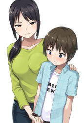 Rule 34 | 1boy, 1girl, age difference, black hair, blue eyes, blush, brown hair, commentary, hand on another&#039;s shoulder, hashi, long hair, orange eyes, original, ponytail, short hair, stag beetle, white background
