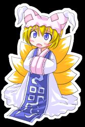 Rule 34 | 1girl, animal hat, blonde hair, blush, chibi, des (namaasi), female focus, fox tail, hands in opposite sleeves, hat, long sleeves, mob cap, multiple tails, outline, short hair, solo, surcoat, tabard, tail, tassel, touhou, transparent background, white background, white outline, wide sleeves, yakumo ran