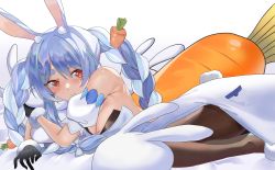 Rule 34 | 1girl, absurdres, animal ear fluff, animal ears, bad id, bad pixiv id, bare shoulders, bburi, black bra, black gloves, black panties, black pantyhose, blue hair, blush, bow, bra, braid, breasts, carrot, carrot hair ornament, cleavage, detached sleeves, dress, dutch angle, feet out of frame, food-themed hair ornament, fur trim, gloves, hair bow, hair ornament, highres, hololive, huge filesize, long hair, looking at viewer, lying, medium breasts, multicolored hair, on side, panties, panties under pantyhose, pantyhose, parted lips, puffy short sleeves, puffy sleeves, rabbit-shaped pupils, rabbit ears, rabbit girl, rabbit tail, red eyes, short sleeves, simple background, solo, symbol-shaped pupils, tail, thick eyebrows, twin braids, twintails, two-tone hair, underwear, usada pekora, usada pekora (1st costume), virtual youtuber, white background, white bow, white dress, white footwear, white hair