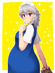 Rule 34 | 1girl, adapted costume, blood, blood on arm, blood on face, blue dress, border, braid, breasts, censored, censored violence, commentary request, dress, expressionless, from side, hayashi custom, highres, holding, izayoi sakuya, large breasts, looking at viewer, looking to the side, maid headdress, mosaic censoring, outside border, pregnant, red eyes, shirt, short hair, short sleeves, silver hair, solo, sparkle background, touhou, twin braids, white border, white shirt, yellow background