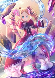 Rule 34 | 1girl, artist name, beatrice (re:zero), blonde hair, blue eyes, book, butterfly-shaped pupils, capelet, closed mouth, commentary, crystal, dot mouth, drill hair, floating, floating book, floating object, full body, hair ribbon, long sleeves, looking at viewer, open book, pantyhose, parted bangs, pink ribbon, pom pom (clothes), re:zero kara hajimeru isekai seikatsu, ribbon, serious, sidelocks, solo, standing, standing on liquid, striped clothes, striped legwear, striped pantyhose, symbol-shaped pupils, takuyarawr, twin drills, twintails, water, wide sleeves
