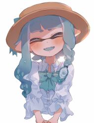 Rule 34 | 1girl, blue bow, blue bowtie, blue hair, bow, bowtie, brown hat, buttons, closed eyes, cropped torso, hat, highres, inkling, inkling girl, inkling player character, long hair, nintendo, open mouth, pointy ears, shirt, simple background, smile, solo, splatoon (series), teeth, tentacle hair, thick eyebrows, upper body, white background, white shirt, yksb inc6