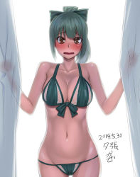 Rule 34 | 10s, 1girl, bare shoulders, bikini, blush, bow, breasts, brown eyes, cleavage, curtains, front-tie bikini top, front-tie top, green bikini, grey hair, h kasei, hair bow, kantai collection, large breasts, looking at viewer, navel, open mouth, personification, ponytail, solo, swimsuit, yuubari (kancolle)