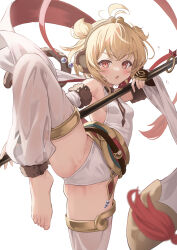 Rule 34 | 1girl, andira (granblue fantasy), animal ears, barefoot, blonde hair, breasts, detached sleeves, erune, granblue fantasy, highres, holding, holding polearm, holding weapon, kimblee, long hair, looking at viewer, monkey ears, monkey girl, monkey tail, open mouth, polearm, red eyes, revision, short hair, small breasts, solo, standing, standing on one leg, tail, thighhighs, weapon, white sleeves, white thighhighs, wide sleeves