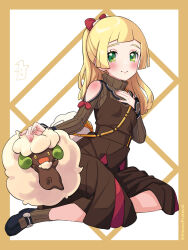 Rule 34 | 1girl, bag, black footwear, blonde hair, blunt bangs, blush, border, brown dress, closed mouth, clothing cutout, commentary request, cosplay, creatures (company), dress, eyelashes, game freak, gen 5 pokemon, green eyes, hand up, highres, kinocopro, lillie (pokemon), long hair, long sleeves, looking at viewer, nintendo, pokemon, pokemon (creature), pokemon masters ex, pokemon sm, ribbed socks, serena (pokemon) (cosplay), shoes, shoulder bag, shoulder cutout, sitting, smile, whimsicott